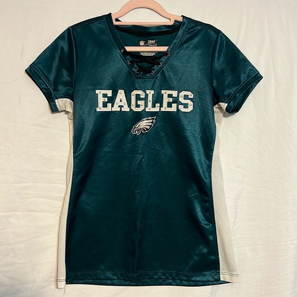 NFL Team Apparel Women’s Philadelphia Eagles Short Sleeve Embroidered Laceup Top - Picture 1 of 7